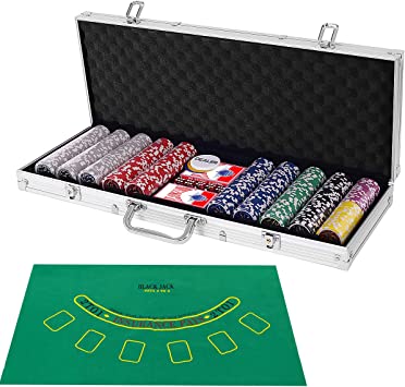 costway mallette de poker coffret professionnelle 500 jetons 2 jeux de cartes 5 des 3 boutons 1 tapis en feutre etui en aluminium argent 1