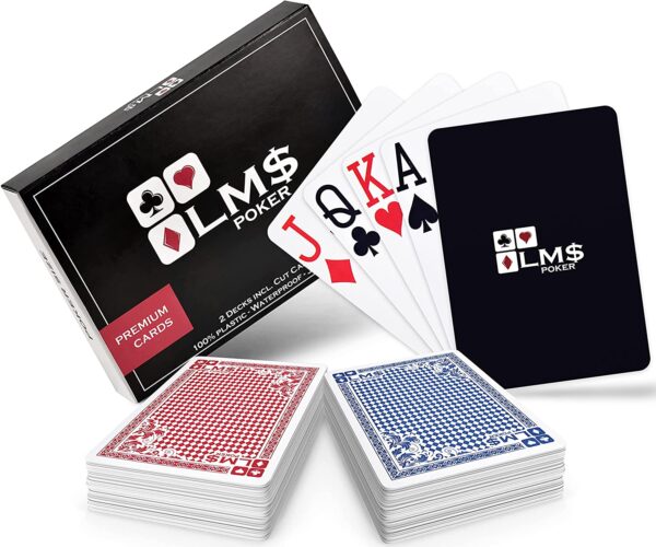 lm cartes de poker en plastique avec carte de coupe incluse 2 x jeux de 54 cartes double paquet bleu et rouge cartes a jouer professionnelles etanches et stables de qualite casino 1