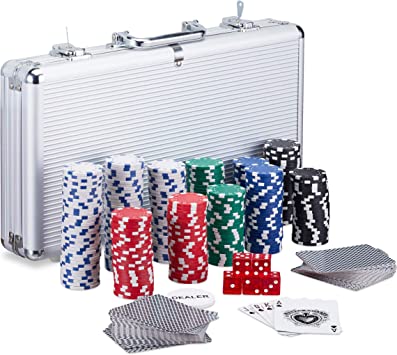 relaxdays coffret de 300 jetons de poker laser 2 cartes 5 cubes bouton dealer mallette en aluminium verrouillable argente 1