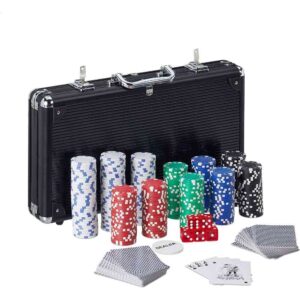 relaxdays coffret de poker 300 jetons sans valeur 2 jeux de cartes 5 des badge de dealer aluminium argente 10031552 1