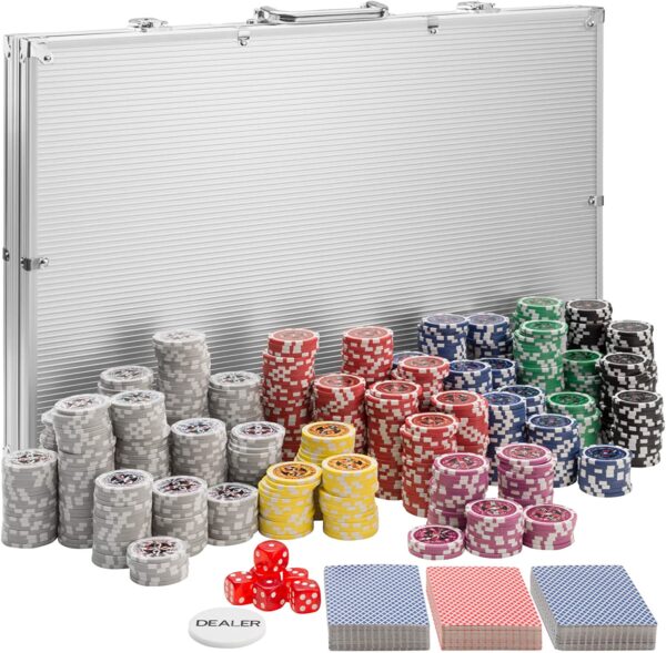 tectake 402561 mallette de poker avec laser jetons 1 000 pieces coffret de poker en aluminium incl 5 des 3 jeux de cartes 1 bouton dealer argent 2